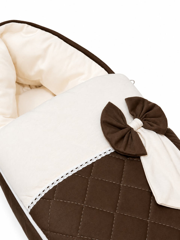 Adorables Sleeping Bag for Newborn | Chocolate Brown & Off White | Rexin & Cotton | Bow Work & Lace Frill Design