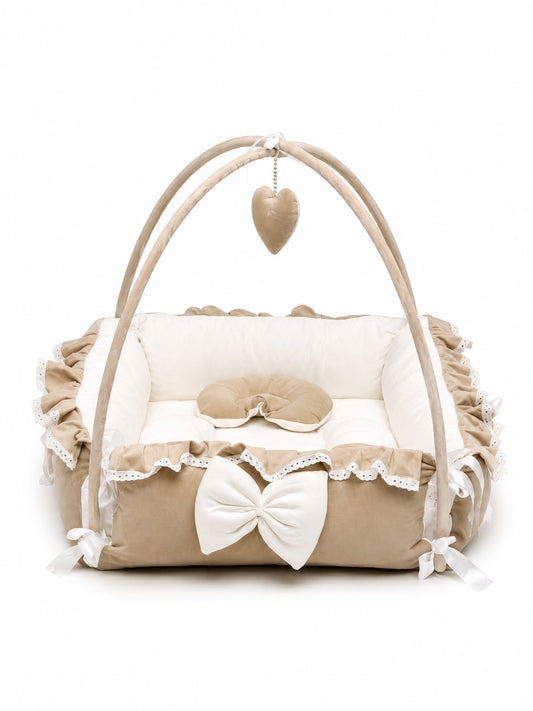 Adorables Square Bed | Royal Beige & White | Hanging Pillow, Lace Design | Rexin and Cotton with Recron
