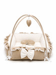 Adorables Square Bed | Royal Beige & White | Hanging Pillow, Lace Design | Rexin and Cotton with Recron
