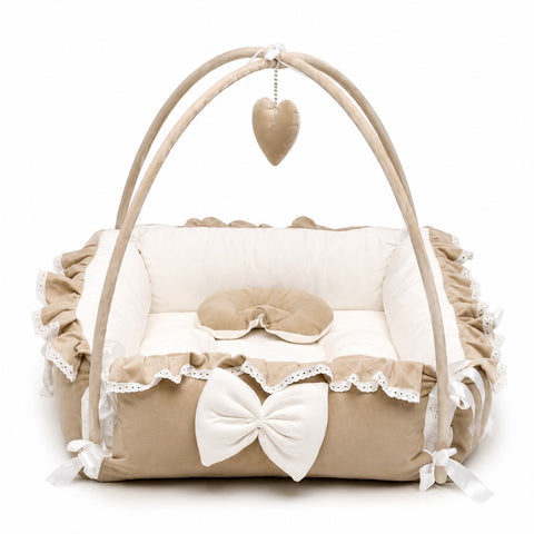 Adorables Square Bed | Royal Beige & White | Hanging Pillow, Lace Design | Rexin and Cotton with Recron