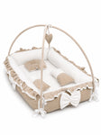 Adorables Square Bed | Royal Beige & White | Hanging Pillow, Lace Design | Rexin and Cotton with Recron