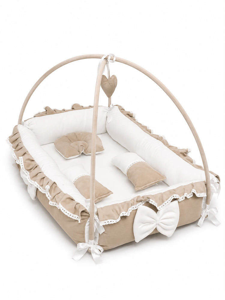 Adorables Square Bed | Royal Beige & White | Hanging Pillow, Lace Design | Rexin and Cotton with Recron
