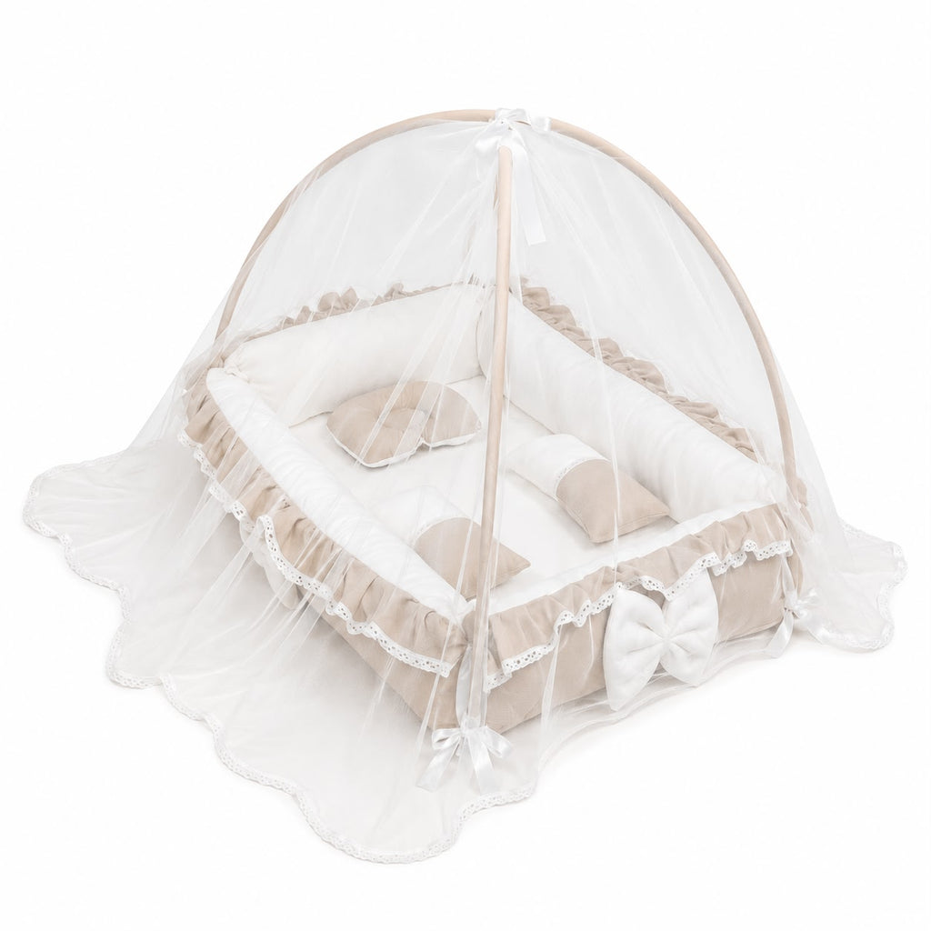 Adorables Square Bed | Royal Beige & White | Hanging Pillow, Lace Design | Rexin and Cotton with Recron