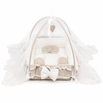Adorables Square Bed | Royal Beige & White | Hanging Pillow, Lace Design | Rexin and Cotton with Recron