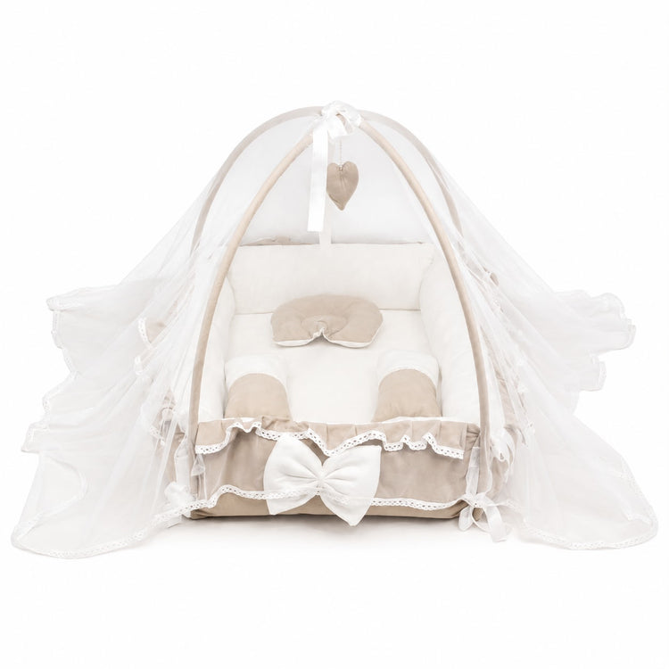 Adorables Square Bed | Royal Beige & White | Hanging Pillow, Lace Design | Rexin and Cotton with Recron
