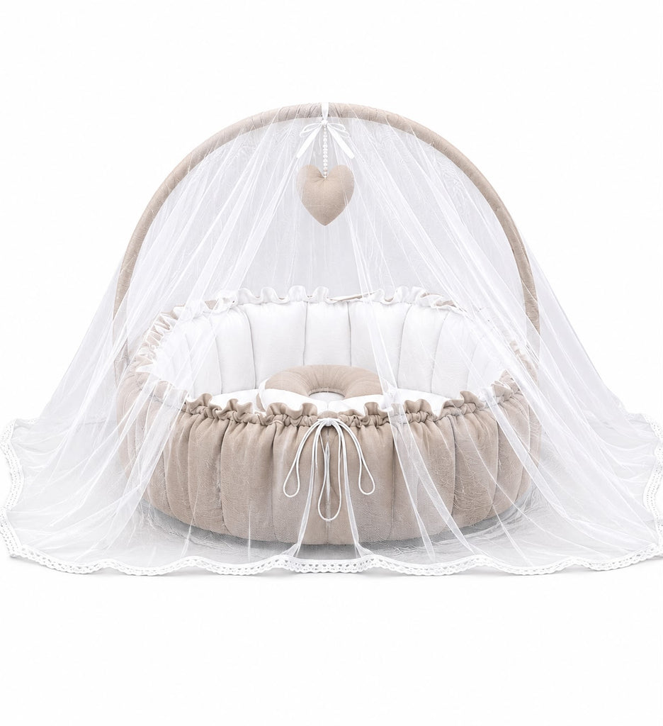 Adorables Baby Bed for Newborn | Oval Bed | Royal Beige & White | Rexin, Cotton with Recron filling | With Removable Net
