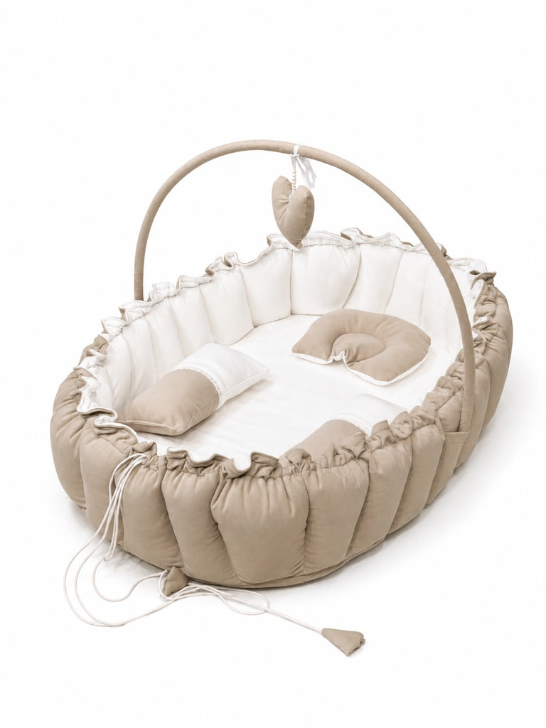 Adorables Baby Bed for Newborn | Oval Bed | Royal Beige & White | Rexin, Cotton with Recron filling | With Removable Net