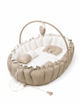 Adorables Baby Bed for Newborn | Oval Bed | Royal Beige & White | Rexin, Cotton with Recron filling | With Removable Net