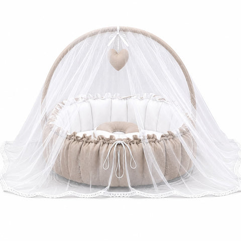 Adorables Baby Bed for Newborn | Oval Bed | Royal Beige & White | Rexin, Cotton with Recron filling | With Removable Net