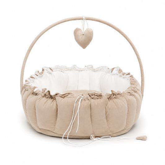 Adorables Baby Bed for Newborn | Oval Bed | Royal Beige & White | Rexin, Cotton with Recron filling | With Removable Net