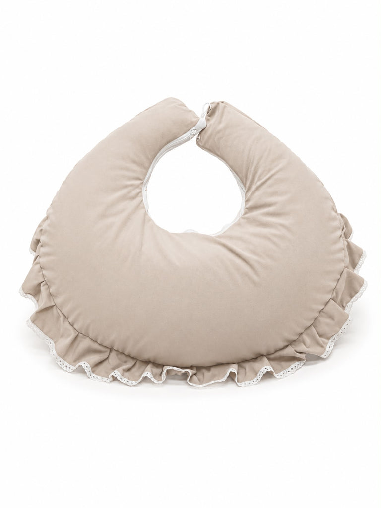 Adorables Feeding Pillow for Newborn | Royal Beige & White | Rexin & Cotton with Recron Filling | Bow Work & Lace Design