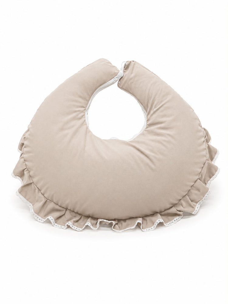 Adorables Feeding Pillow for Newborn | Royal Beige & White | Rexin & Cotton with Recron Filling | Bow Work & Lace Design