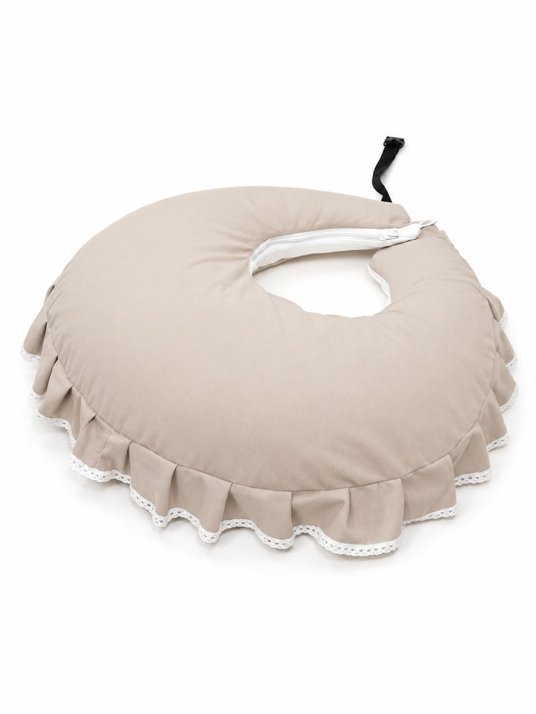 Adorables Feeding Pillow for Newborn | Royal Beige & White | Rexin & Cotton with Recron Filling | Bow Work & Lace Design