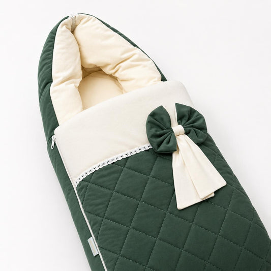 Adorables Sleeping Bag for Newborn | Green Heaven & Off White | Rexin & Cotton | Bow Work & Lace Frill Design