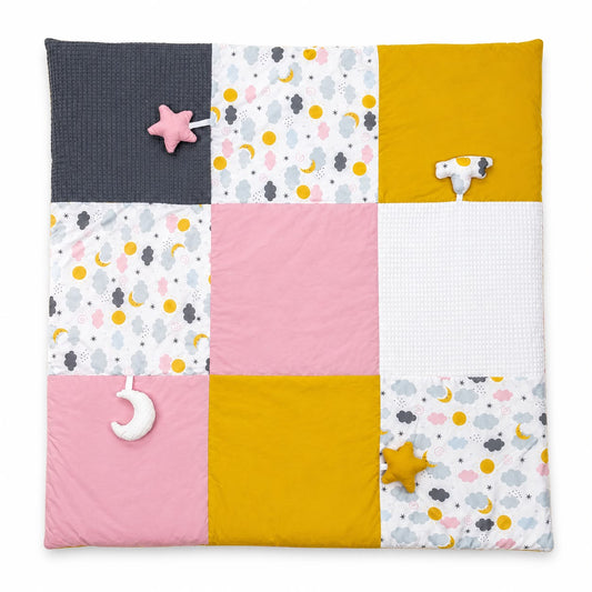 Adorables Baby Play Mat Quilt | Cloudy Sky Print | Patchwork Design | Cotton & Satin  | Padded Play Mat for Newborn | Includes Side & Neck Pillows