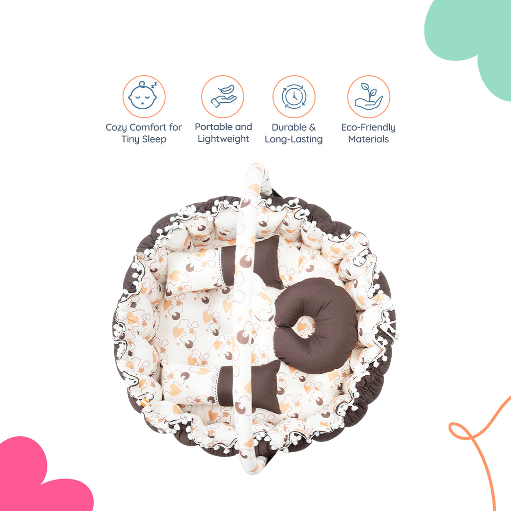Adorables Baby Round Bedding Combo Set 3 in 1 | Dark Coffee & White | Heart Print & Lace Design | Cotton & Recron | Includes Round Bed, Sleeping Bag & Large Basket