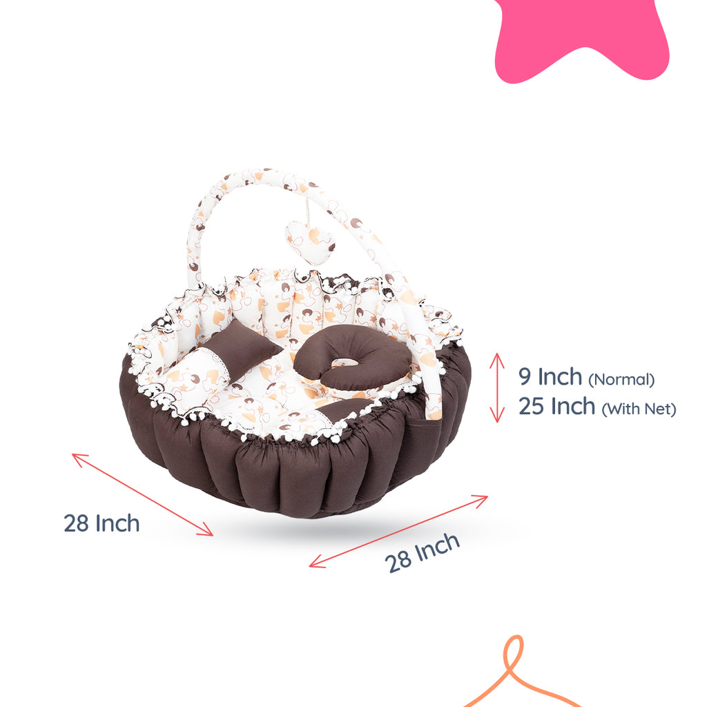 Adorables Baby Round Bedding Combo Set 4 in 1 | Coffee & White | Heart Print, Bow & Pompom Lace Design | Cotton & Recron | Includes Round Bed, Sleeping Bag, Basket (L) & Feeding Pillow.