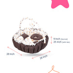 Adorables Baby Round Bedding Combo Set 4 in 1 | Coffee & White | Heart Print, Bow & Pompom Lace Design | Cotton & Recron | Includes Round Bed, Sleeping Bag, Basket (L) & Feeding Pillow.