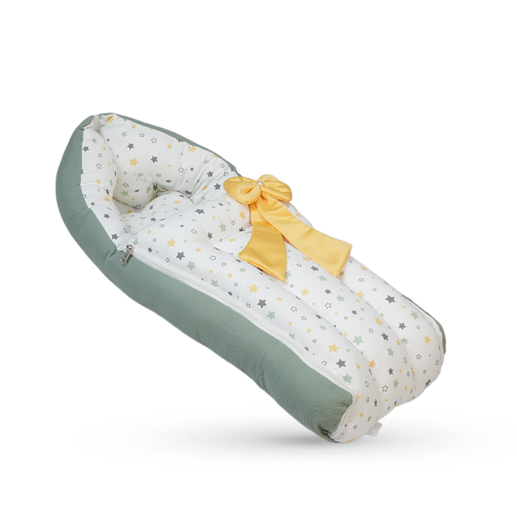 Adorables Baby Round Bedding Combo Set 3 in 1 | White & Olive Green | Star Print, Bow & Lace | Cotton & Recron | With Round Bed, Basket (L) & Baby Holder