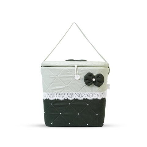 Adorables Baby Square Bedding Combo Set 3 in 1 | Light Green & Dark Green | Bow, Pearls & Lace Design | Cotton & Recron | Includes Square Bed, Sleeping Bag & Storage Basket