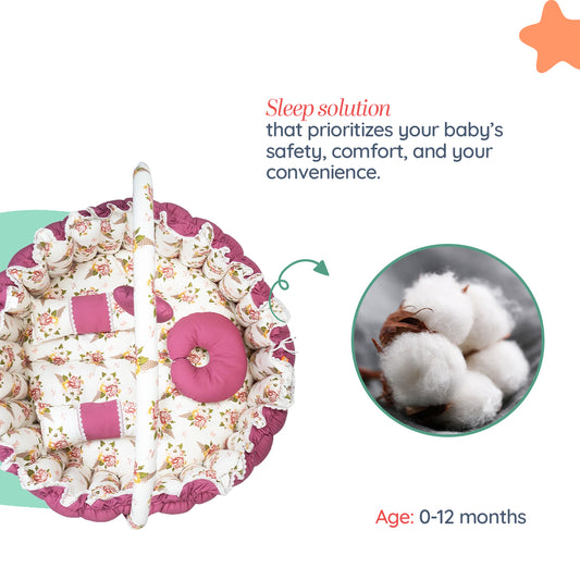 Adorables Round Bed - (King Size) | Pink & White | Floral Print, Hanging Pillow, Lace Design | Cotton & Recron