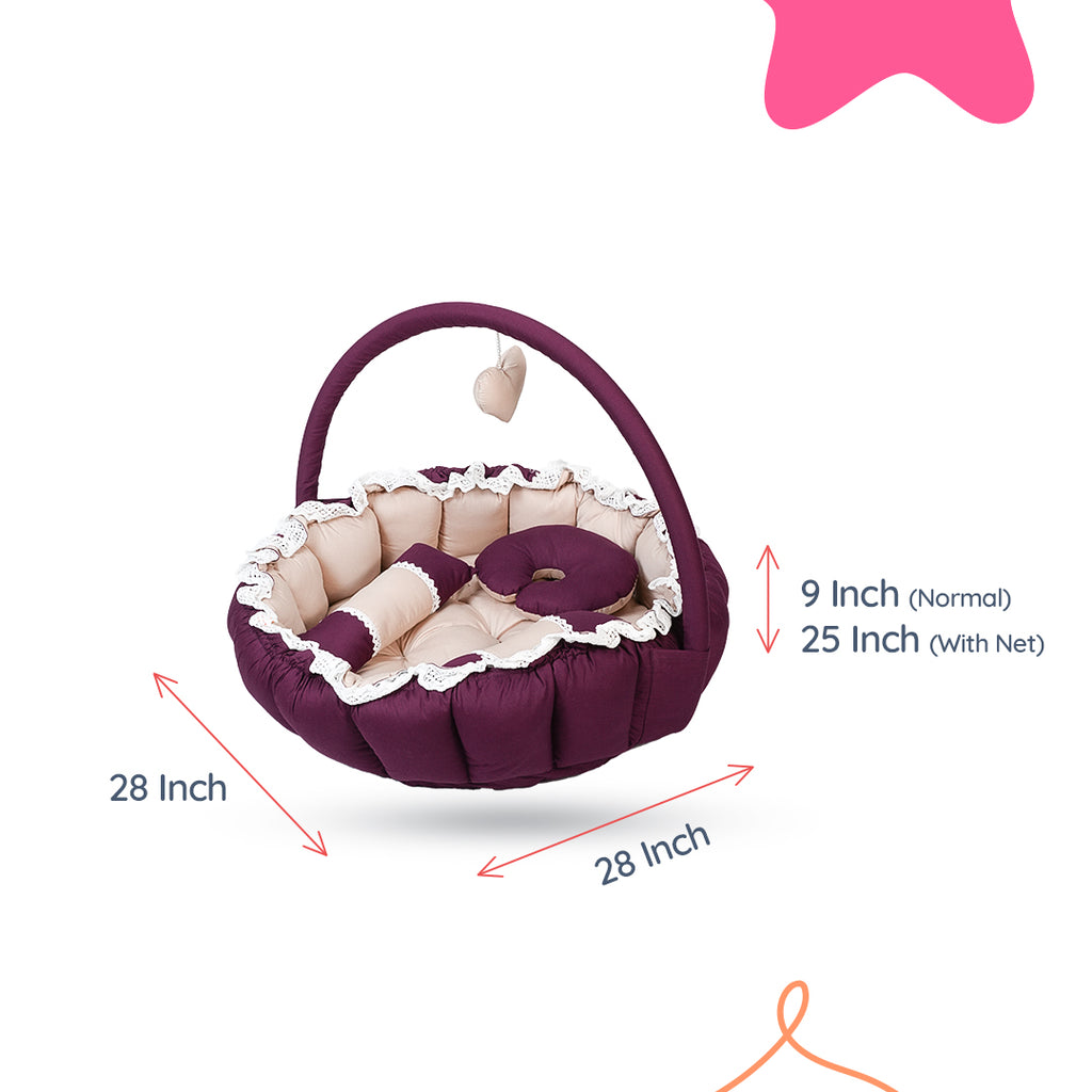 Adorables Baby Round Bedding Combo Set 4 in 1 | Purple & Beige | Butterfly Embroidery & Lace Design | Cotton & Recron | With Round Bed, Sleeping Bag, Basket (L) & Feeding Pillow