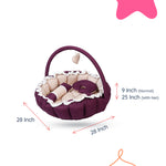 Adorables Baby Round Bedding Combo Set 4 in 1 | Purple & Beige | Butterfly Embroidery & Lace Design | Cotton & Recron | With Round Bed, Sleeping Bag, Basket (L) & Feeding Pillow