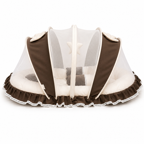 Adorables Baby Mesh Infant Bed | Chocolate Brown & Off White | Bow Work & Lace Design | Rexin, Cotton & Recron